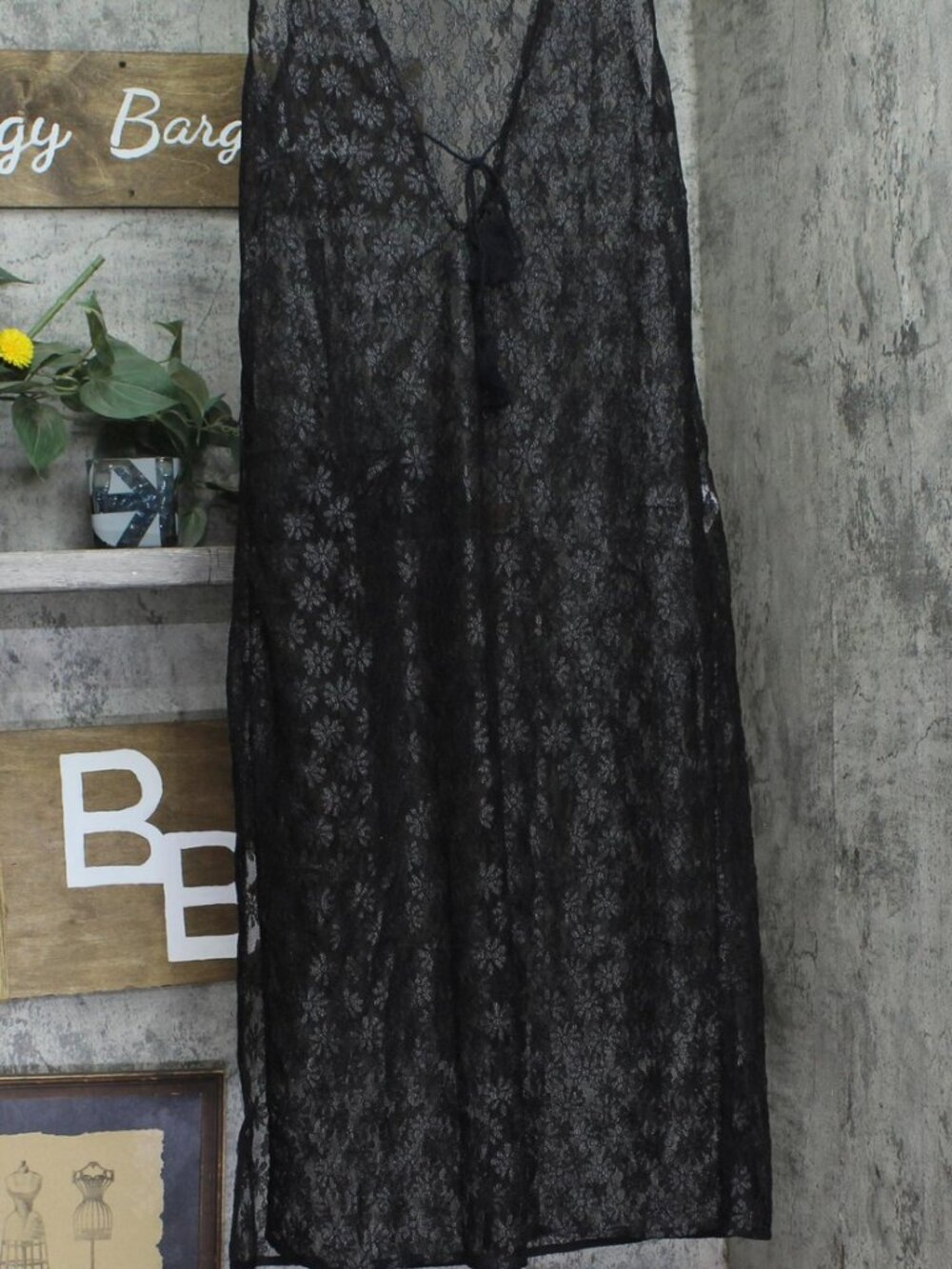 Cupshe Black Lace Sheer Plunge Midi Swim Cover Up Dress M Sz M